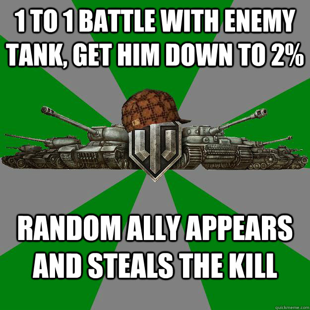 1 to 1 battle with enemy tank, get him down to 2% Random ally appears and steals the kill  Scumbag World of Tanks