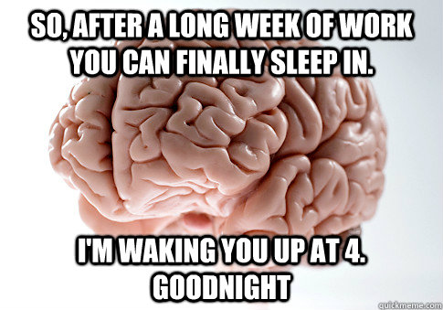 so, after a long week of work you can finally sleep in. i'm waking you up at 4. goodnight  Scumbag Brain