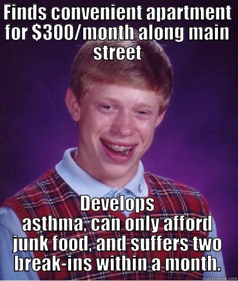 Meme for Population Health - FINDS CONVENIENT APARTMENT FOR $300/MONTH ALONG MAIN STREET DEVELOPS ASTHMA, CAN ONLY AFFORD JUNK FOOD, AND SUFFERS TWO BREAK-INS WITHIN A MONTH. Bad Luck Brian