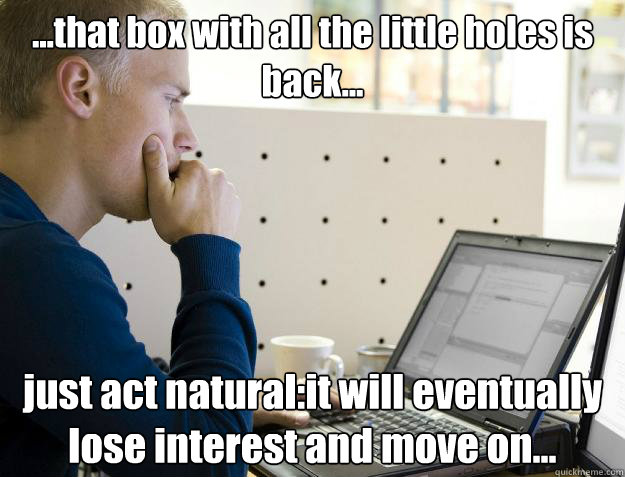 ...that box with all the little holes is back... just act natural:it will eventually lose interest and move on... - ...that box with all the little holes is back... just act natural:it will eventually lose interest and move on...  Programmer