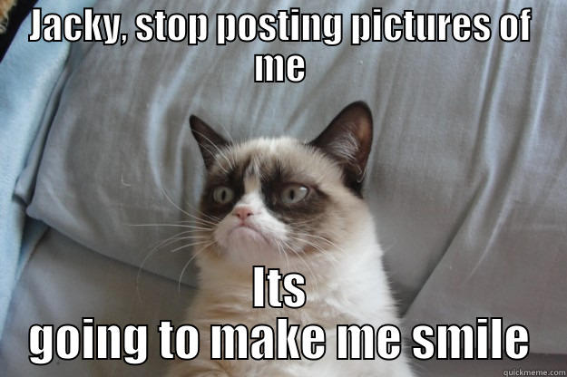 JACKY, STOP POSTING PICTURES OF ME ITS GOING TO MAKE ME SMILE Grumpy Cat