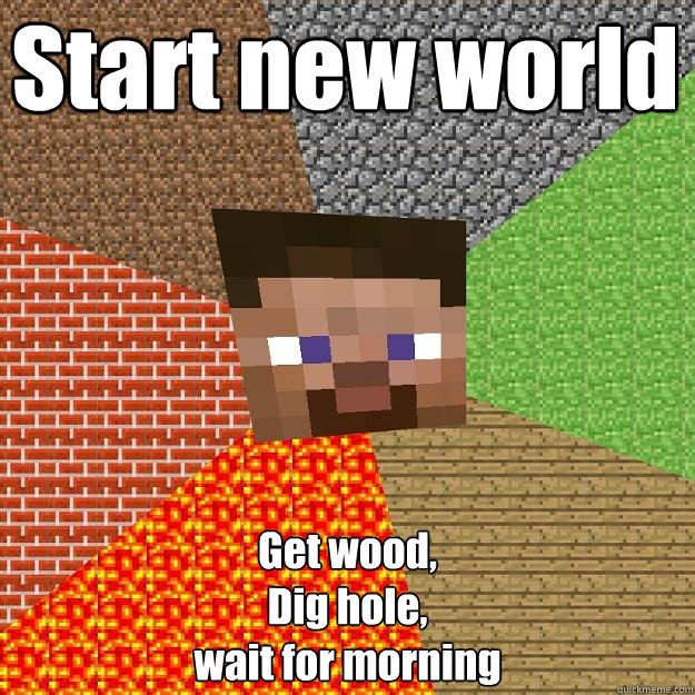 Start new world Get wood, 
Dig hole, 
wait for morning  Minecraft