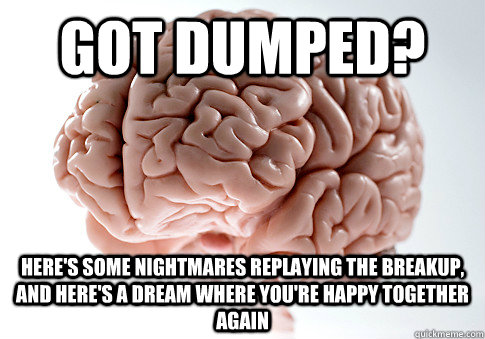 Got dumped? Here's some nightmares replaying the breakup, and here's a dream where you're happy together again  Scumbag Brain