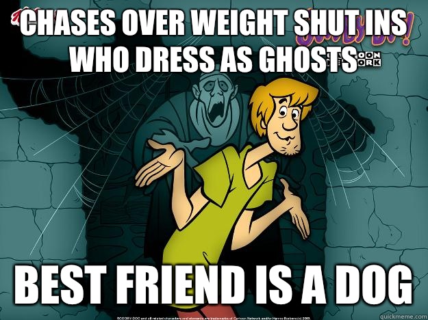 Chases over weight shut ins who dress as ghosts Best friend is a dog  Irrational Shaggy