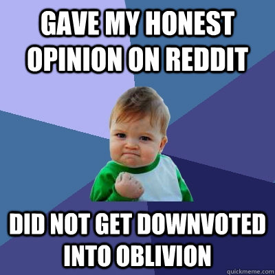 gave my honest opinion on reddit did not get downvoted into oblivion  Success Kid