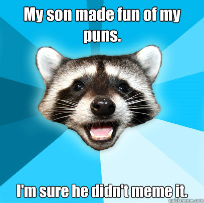 My son made fun of my puns. I'm sure he didn't meme it.  Lame Pun Coon