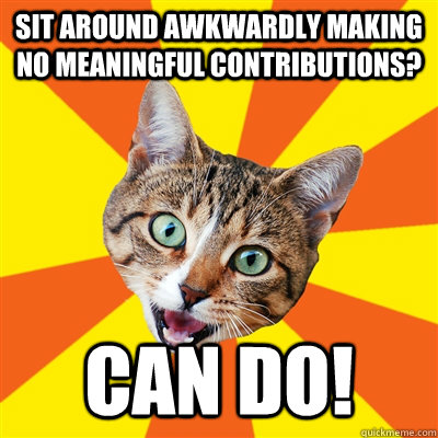 Sit around awkwardly making no meaningful contributions? Can do!  Bad Advice Cat