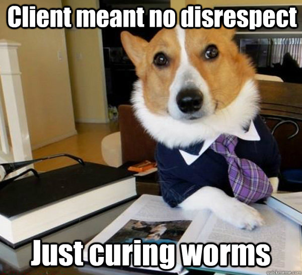 Client meant no disrespect Just curing worms  Lawyer Dog