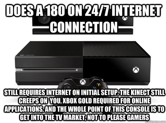 Does a 180 on 24/7 internet connection still requires internet on initial setup, the kinect still creeps on  you, xbox gold required for online applications, and the whole point of this console is to get into the tv market, not to please gamers  Xbox