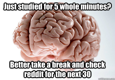 Just studied for 5 whole minutes? Better take a break and check reddit for the next 30  Scumbag Brain