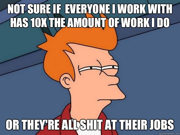 Not sure if  everyone I work with has 10x the amount of work I do or they're all shit at their jobs  Futurama Fry