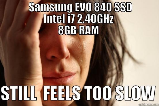               SAMSUNG EVO 840 SSD                                  INTEL I7 2.40GHZ                                   8GB RAM               STILL  FEELS TOO SLOW First World Problems