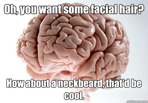 Oh, you want some facial hair? How about a neckbeard, that'd be cool.  Scumbag Brain