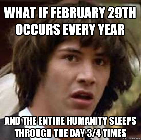 What if february 29th occurs every year and the entire humanity sleeps through the day 3/4 times  conspiracy keanu