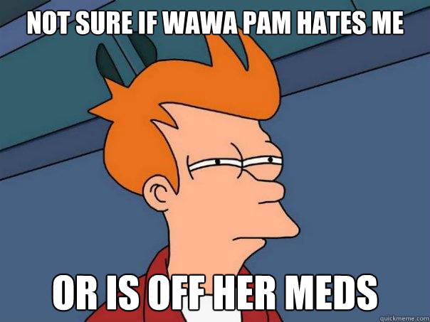 Not sure if wawa pam hates me Or is off her meds  Futurama Fry