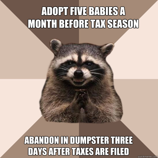 Adopt five babies a month before tax season Abandon in dumpster three days after taxes are filed - Adopt five babies a month before tax season Abandon in dumpster three days after taxes are filed  Evil Plotting Raccoon