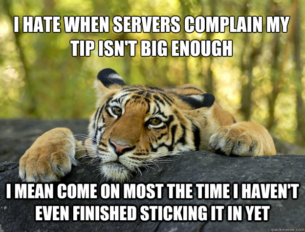 I hate when servers complain my tip isn't big enough I mean come on most the time I haven't even finished sticking it in yet  Confession Tiger