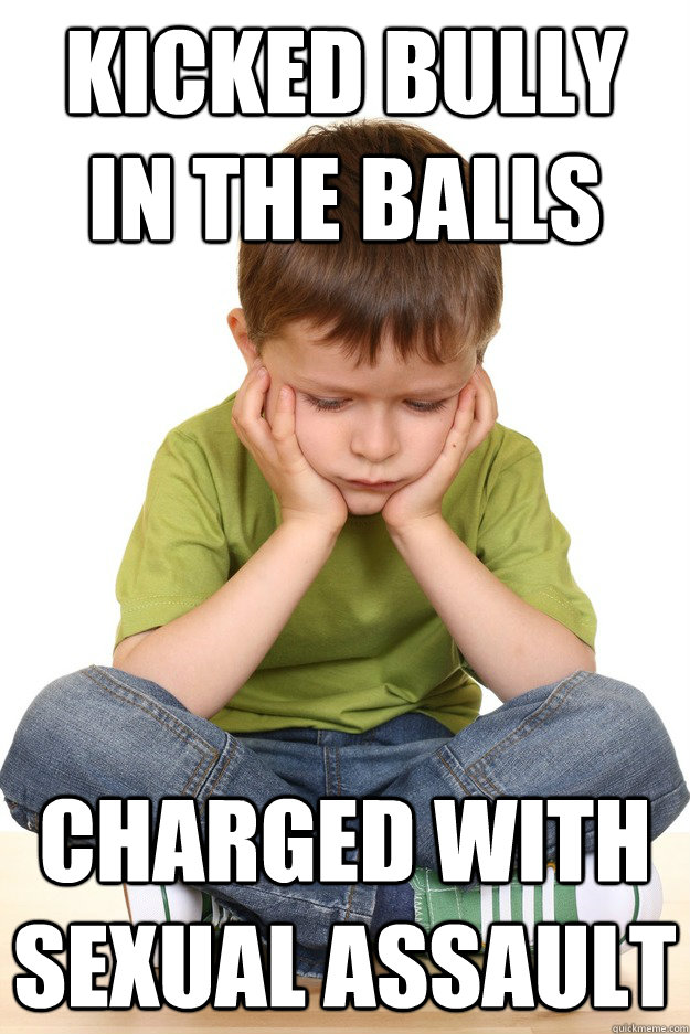 Kicked bully in the balls Charged with sexual assault  First grade problems