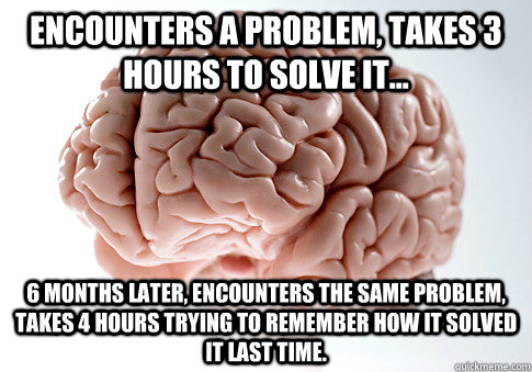 Encounters a problem, takes 3 hours to solve it... 6 months later, encounters the same problem, takes 4 hours trying to remember how it solved it last time.  Scumbag Brain