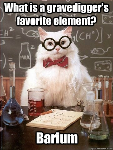 What is a gravedigger's favorite element? Barium  Chemistry Cat