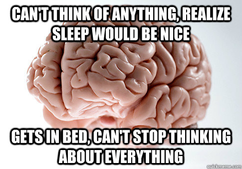 Can't think of anything, realize sleep would be nice Gets in bed, can't stop thinking about everything - Can't think of anything, realize sleep would be nice Gets in bed, can't stop thinking about everything  Scumbag Brain