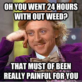 Oh you went 24 hours with out weed? That must of been really painful for you  Condescending Wonka