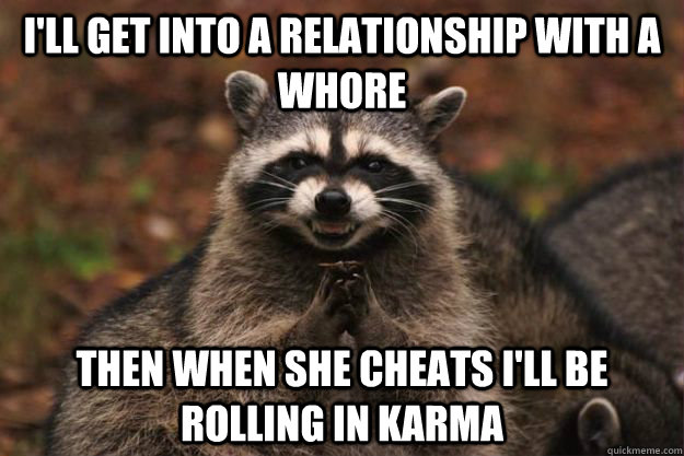 I'll get into a relationship with a whore Then when she cheats I'll be rolling in Karma - I'll get into a relationship with a whore Then when she cheats I'll be rolling in Karma  Evil Plotting Raccoon