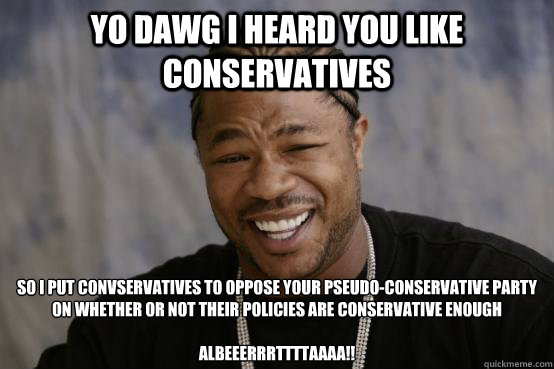 Yo Dawg I heard you like Conservatives So I put convservatives to oppose your pseudo-conservative party on whether or not their policies are conservative enough

Albeeerrrttttaaaa!!  YO DAWG