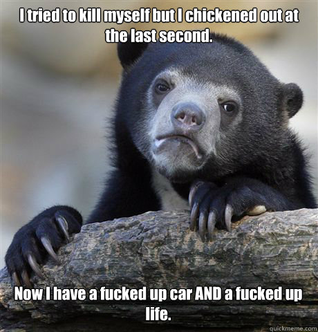 I tried to kill myself but I chickened out at the last second. Now I have a fucked up car AND a fucked up life.  Confession Bear