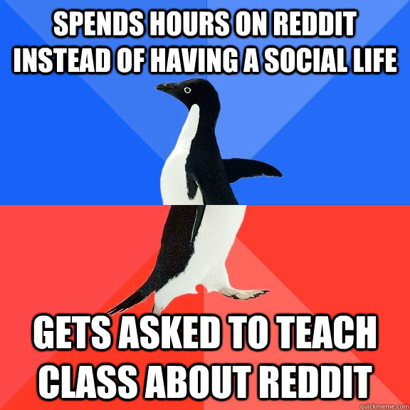 Spends Hours on Reddit instead of having a social life Gets asked to teach class about Reddit  Socially Awkward Awesome Penguin
