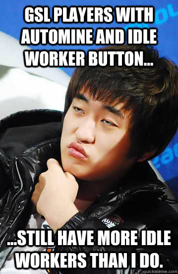 GSL players with automine and idle worker button... ...still have more idle workers than I do.  Unimpressed Flash