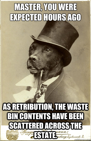 Master, you were expected hours ago As retribution, the waste bin contents have been scattered across the estate.  - Master, you were expected hours ago As retribution, the waste bin contents have been scattered across the estate.   Old Money Dog