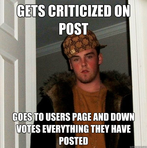 Gets criticized on post goes to users page and down votes everything they have posted  Scumbag Steve