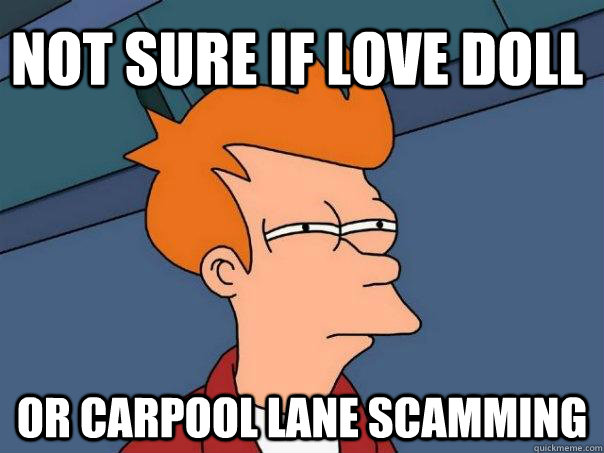 Not sure if love doll  Or carpool lane scamming  Futurama Fry