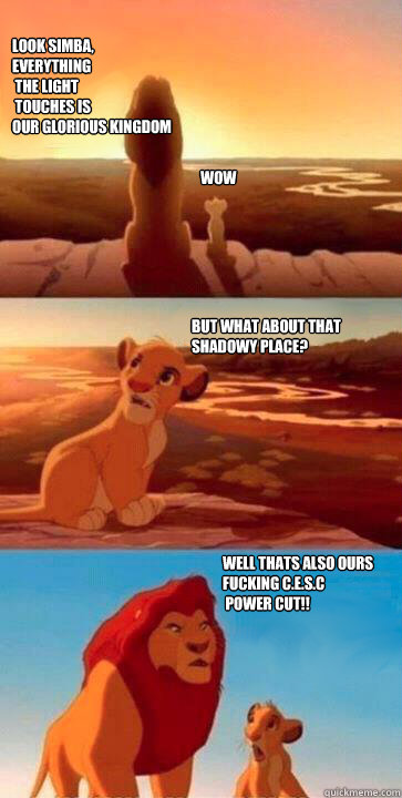 look simba,
everything
 the light
 touches is 
Our Glorious Kingdom  WOW But what about that shadowy place? Well Thats also ours 
Fucking C.E.S.C
 Power cut!! 
   simba mufasa meme