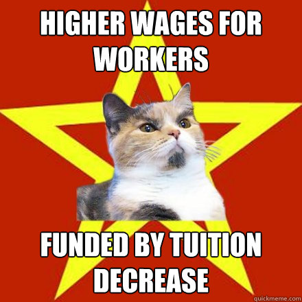 Higher wages for workers funded by tuition decrease  Lenin Cat