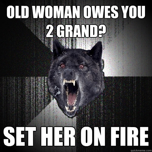 Old woman owes you 2 grand? Set her on fire - Old woman owes you 2 grand? Set her on fire  Insanity Wolf