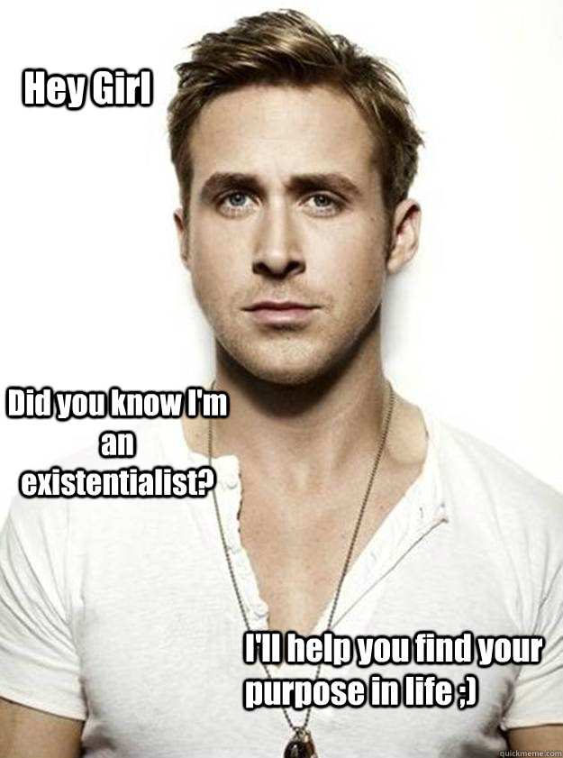 Hey Girl Did you know I'm an existentialist? I'll help you find your purpose in life ;)  Ryan Gosling Hey Girl