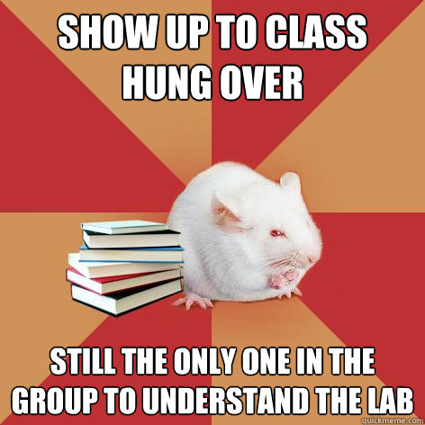 Show up to class 
Hung over Still the only one in the group to understand the lab - Show up to class 
Hung over Still the only one in the group to understand the lab  Science Major Mouse