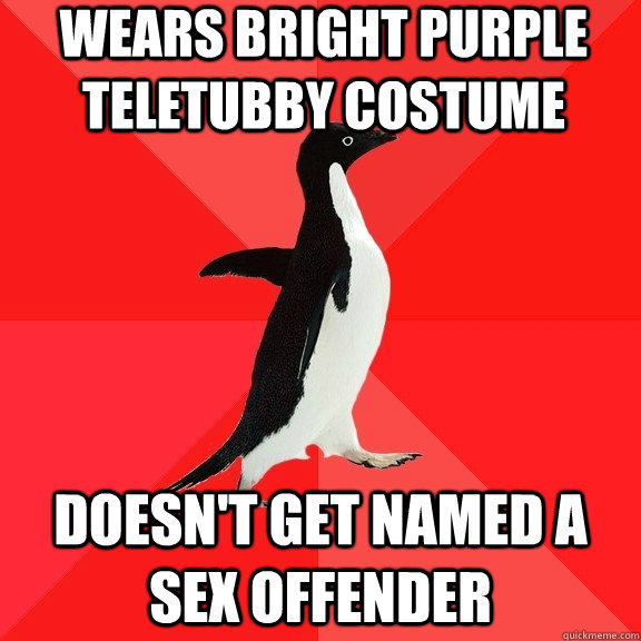 wears bright purple teletubby costume doesn't get named a sex offender   Socially Awesome Penguin