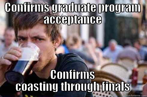 CONFIRMS GRADUATE PROGRAM ACCEPTANCE CONFIRMS COASTING THROUGH FINALS Lazy College Senior