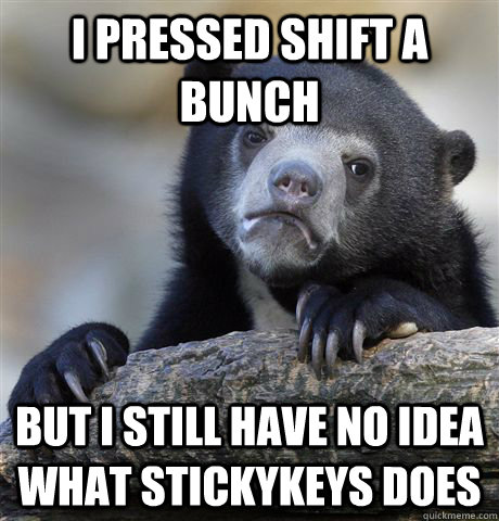 I pressed shift a bunch but i still have no idea what stickykeys does  Confession Bear