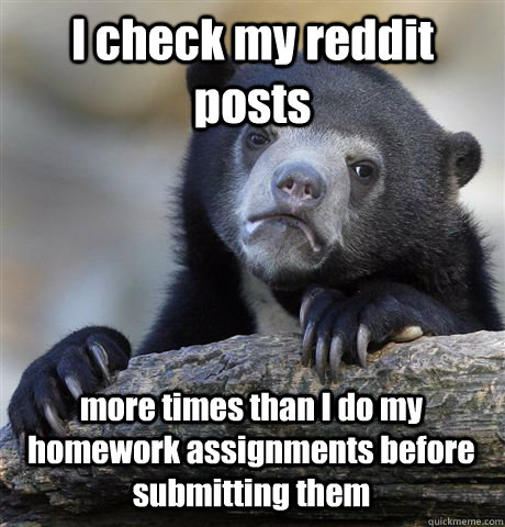 I check my reddit posts  more times than I do my homework assignments before submitting them - I check my reddit posts  more times than I do my homework assignments before submitting them  Confession Bear