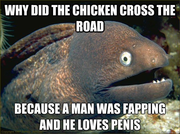 Why did the chicken cross the road because a man was fapping and he loves penis  Bad Joke Eel