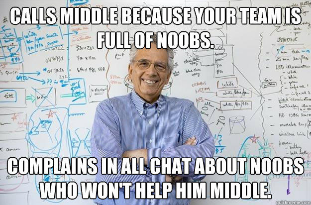 calls middle because your team is full of noobs. complains in all chat about noobs who won't help him middle.  - calls middle because your team is full of noobs. complains in all chat about noobs who won't help him middle.   Engineering Professor