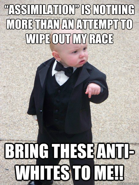 “assimilation” is nothing more than an attempt to wipe out my race bring these anti-whites to me!!  Baby Godfather