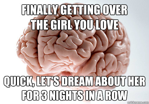 finally getting over
the girl you love quick, let's dream about her
for 3 nights in a row  Scumbag Brain