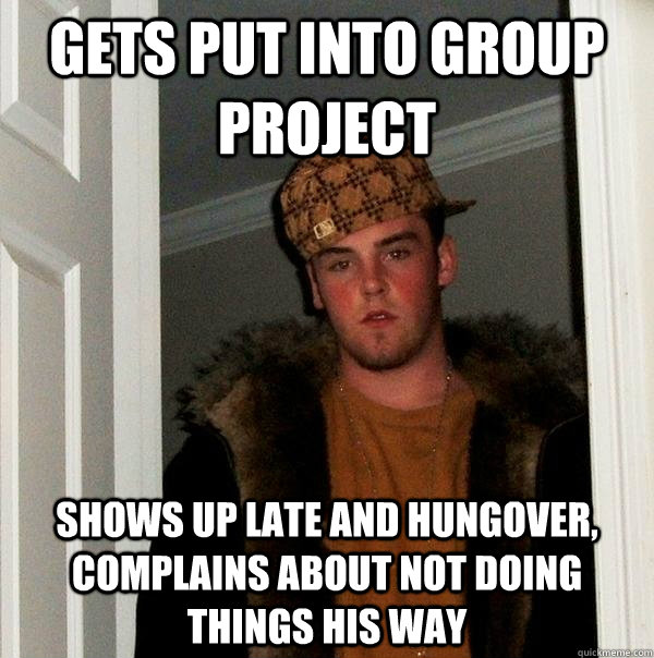 Gets put into group project Shows up late and hungover, complains about not doing things his way  Scumbag Steve