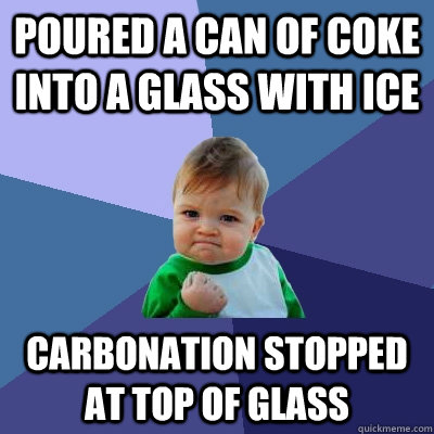 Poured a can of Coke into a glass with ice Carbonation stopped at top of glass  Success Kid