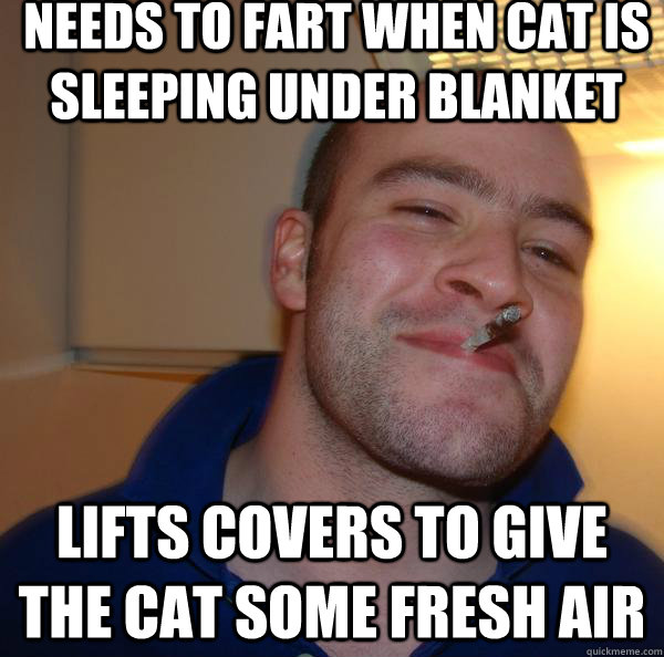 needs to fart when cat is sleeping under blanket  lifts covers to give the cat some fresh air - needs to fart when cat is sleeping under blanket  lifts covers to give the cat some fresh air  Misc